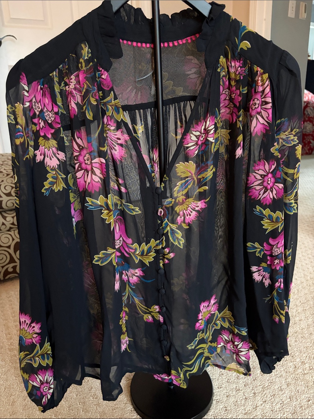 Anthropologie Sheer Black Blouse with Pink Floral Print
